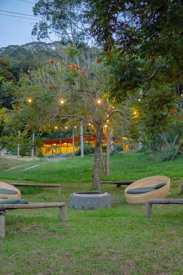 Jardim iluminado ao entardecer